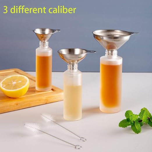 Generic Kitchen Funnels Set for Bottles, 3pc Small/Medium/Large Food Grade Stainless Steel Metal Funnels with 2 Cleaning Brushes for Liquids, Essential Oils, and Spices
