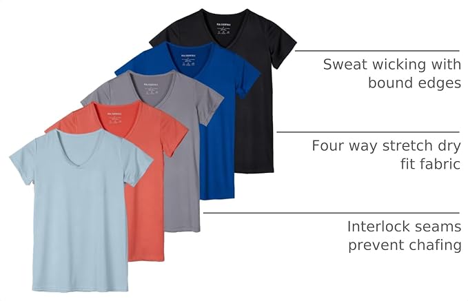 5 Pack Women's Dry Fit V Neck Workout Tops T Shirts Athletic Gym Yoga Tees | Available In Plus Size, Cooling Moisture-Wicking, Short Sleeve, Quick-Dry, Fitness, Stretch, Exercise, Running, Hiking
