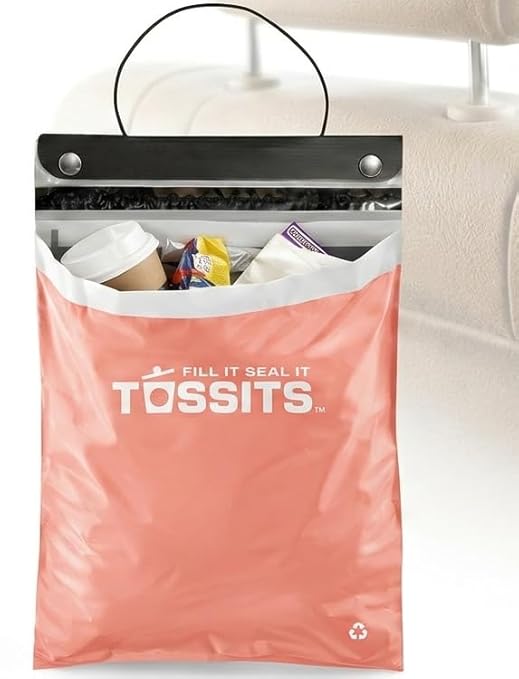 Tossits Disposable Car Trash Bag Hanging (Pink, Set of 7) - Leak-Proof, Smell-Proof Automobile Trash Container, Eco-Friendly, Thick, Large 12x15 Car Trash Bin with Sturdy Header Board | 2 gal, 12 x 15 in, fits over headrest or console, recycled plastic...