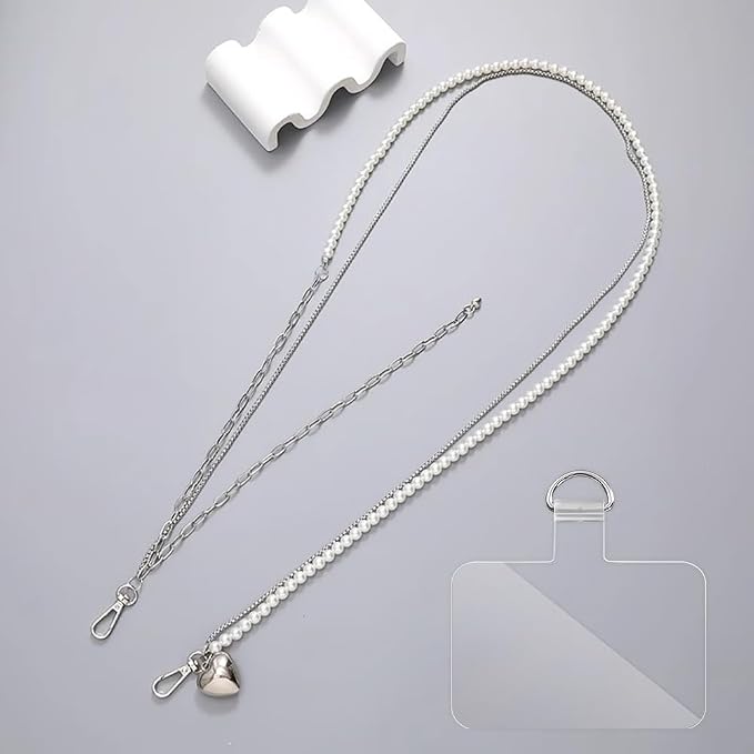 Phone Crossbody Lanyard Double Phone Lanyard,Pearl Chain&Metal Chain Double Universal Phone Strap with Phone Tether Patches for Most Phone(K)