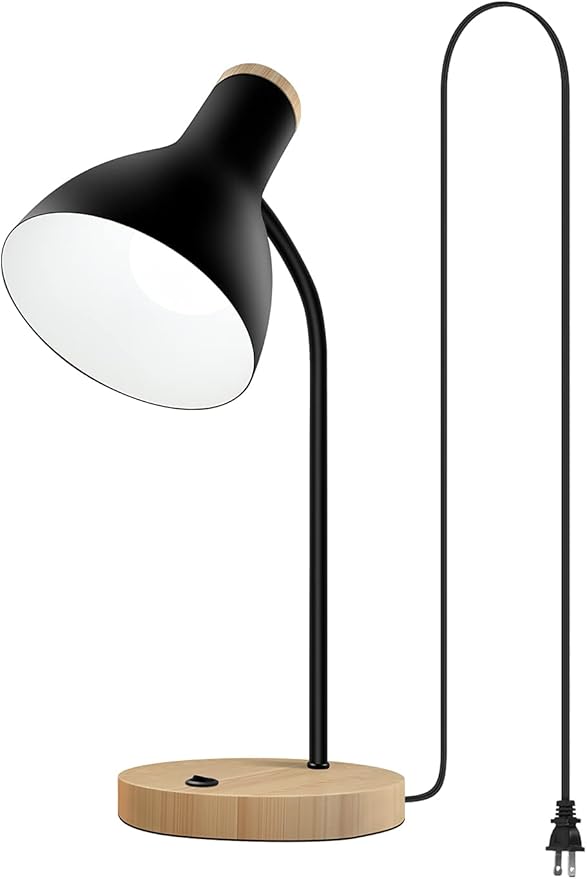 Metal Desk Lamp Table Lamp Reading Lights Arc Desk Lamps for Bedroom, Wood Base Bedside Lamp with Flexible Gooseneck for Study Room and Office (Wood Base+Black)