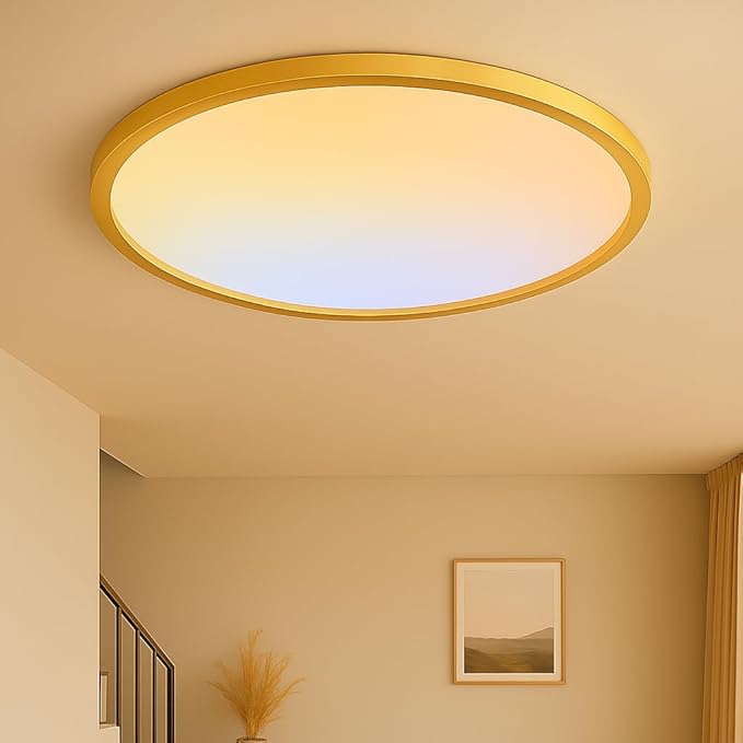 MOONSEA 20 Inch Flush Mount LED Ceiling Light Fixture 42W, 4200LM Dimmable 3000K/4000K/6500K 3 Color Selectable, Low Profile Ceiling Lamp for Kitchen Bedroom Hallway, Gold