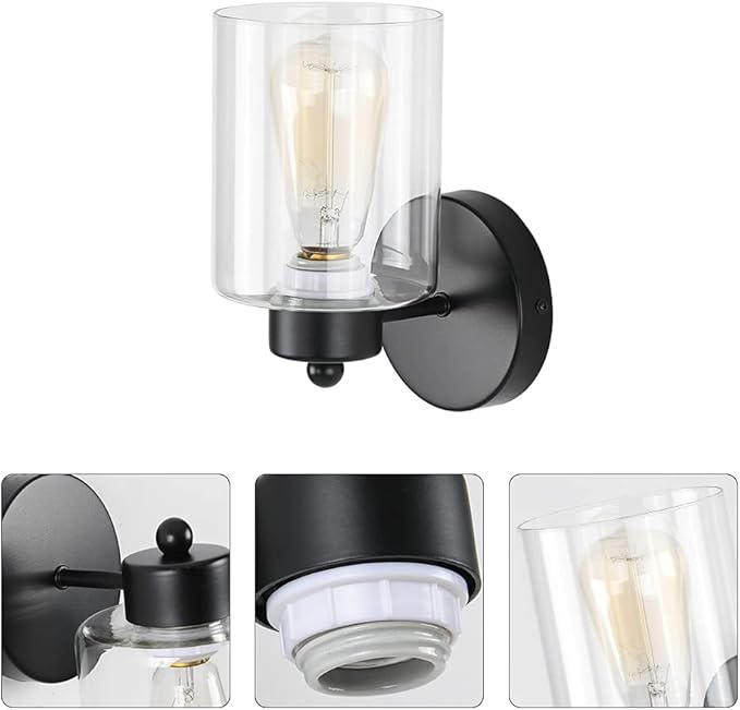 1-Light Bathroom Black Vanity Light Matte Black Wall Sconce Vintage with Clear Glass Shade, Hallway Light Fixture Sconces Wall Lighting