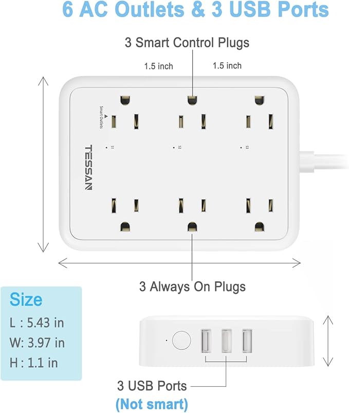 Smart Power Strip, TESSAN WiFi Flat Plug Strip with 3 Smart Outlets and 3 USB Ports, 6 Feet Extension Cord, Only 2.4 GHz Wi-Fi, Compatible with Alexa and Google Home, White