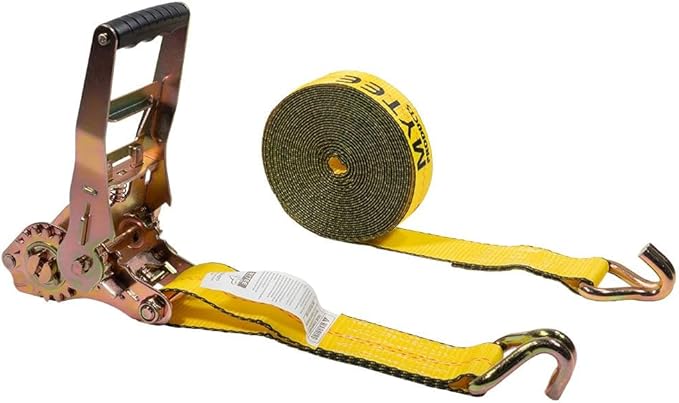 Mytee Products 2 Pack 2" x27' Self-Tensioning Ratchet Strap with J Hooks - 10,000 lbs BS - Heavy Duty Tie Down Large Bar Handle and Cargo Straps with Wire Hooks for Flatbed, Trucks, Pickup - Yellow