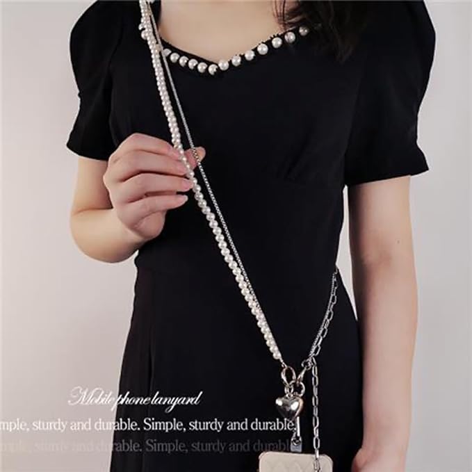 Phone Crossbody Lanyard Double Phone Lanyard,Pearl Chain&Metal Chain Double Universal Phone Strap with Phone Tether Patches for Most Phone(K)