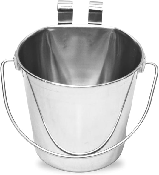 4 Quart Stainless Steel Flat Sided Bucket with Dual Hooks | 1 gal Durable Food & Water Bowl for XL Dogs, Cats, Goat & Livestock | Fits kennel Cage Critter Crate | Hanging Utility Pet Pail