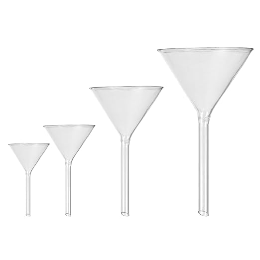 STOBAZA Glass Funnels Set of 4 Short Tube Borosilicate Lab Funnels with Fire Polished Rim and 1.6-3.4 Oz Capacity for Precise Liquid Transfer and Bottle Filling
