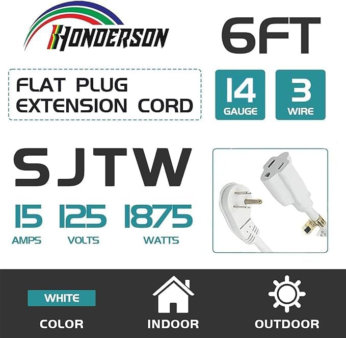 Flat Plug Indoor Extension Cord, UL Certified, 14 Gauge 6FT White 3 Prong Heavy Duty, 14/3 SJTW 15A Power Cord for Lights, Appliances, Home