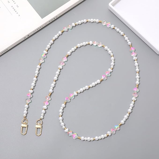 Phone Chain Crossbody Pearl Strap,Pearl Beaded Chain Shoulder Crossbody Lanyard with Phone Tether Patches Compatible with Most Phones Bag Purse (F)