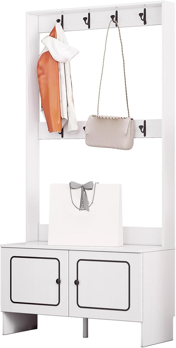 Modern Coat Rack Shoe Bench, 3 in 1 Multifunctional Entryway Organizer with Bench, Shoe Storage and Coat Rack, Entryway Organizer for Small Spaces(Black,80cm/32in)