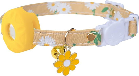 Breakaway Cat Collar with Airtag Holder,Kitten Collar with Apple Air Tag Holder and Bell for Girl Boy Cats, 0.4 Inches in Width and Lightweight. (Yellow Daisy)