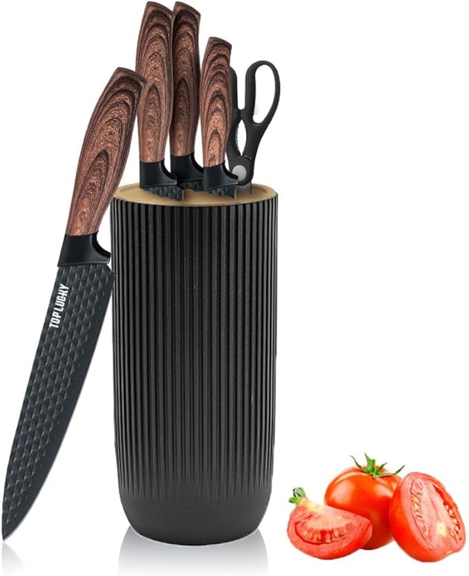 Knife Set, Wiztoynia 6-Piece Black Kitchen Knife Set for Home, Anti-Rust Non-stick Stainless Steel Sharp Chef Knife Set with Universal Knife Block for Kitchen, Ergonomical Design (Black)
