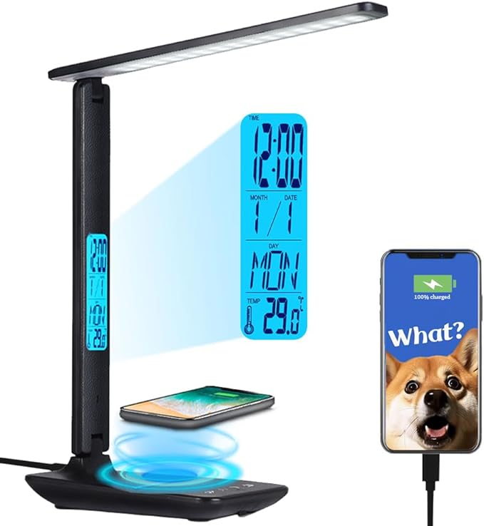 Multifunctional LED Desk Lamp with Wireless Charger,USB Charging Port,Clock,Phone Holder,Desk Lamps for Home Office,Eye-Caring Reading Lamp,Study Lamp for Boys,Girls,Teens,Black