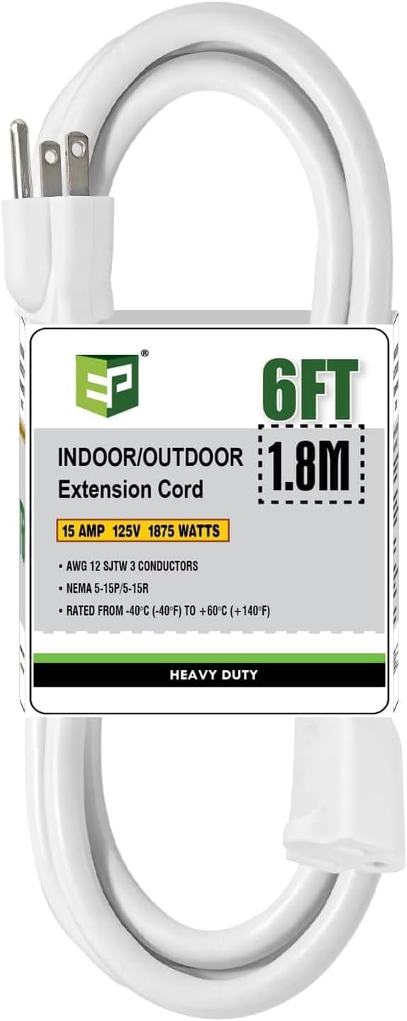 EP 12/3 6 FT Indoor Outdoor White Extension Cord Waterproof, 12 Gauge 3 Prong Power Cord Flexible Resistant Appliance Extension Cable Electric Cable Outside, 15A 1875W 12AWG SJTW, ETL Listed