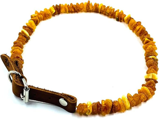 Amber Collars for Dogs & Cats - Baltic Amber Dog & Cat Collar with Adjustable Leather Strap - Raw Knotted Amber Beads (20-25cm)