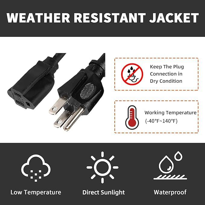 Indoor Outdoor Extension Cord Weatherproof, UL Certified, 12 Gauge 8FT Black 3 Prong Heavy Duty, 12/3 SJTW 15A Power Cord for Outdoor Lights, Appliances, Lawn