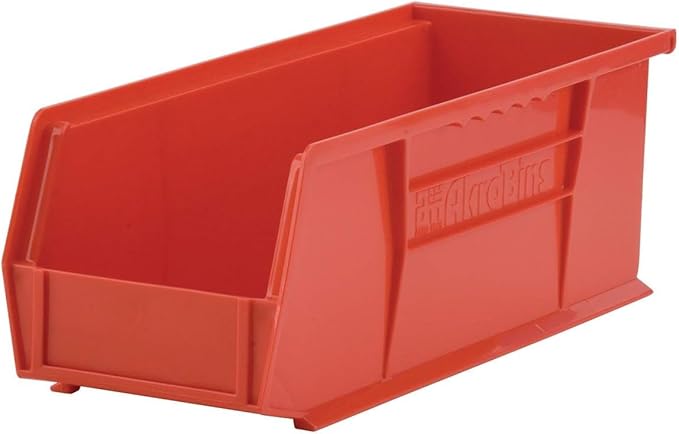 Akro-Mils 30234 AkroBins Plastic Storage Bins, Space-Saving Stackable Bins for Garage, Pantry, Craft Organization, 15" x 5" x 5", Red, 12-Pack
