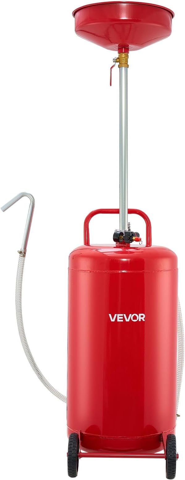 VEVOR 25 Gallon Waste Oil Drain Tank, Air Operated Portable Oil Drainer with Adjustable Funnel Height, Industrial Fluid Drain Tank with Wheels, Fluid Fuel Transfer Drainage for Auto Repair Shops, Red