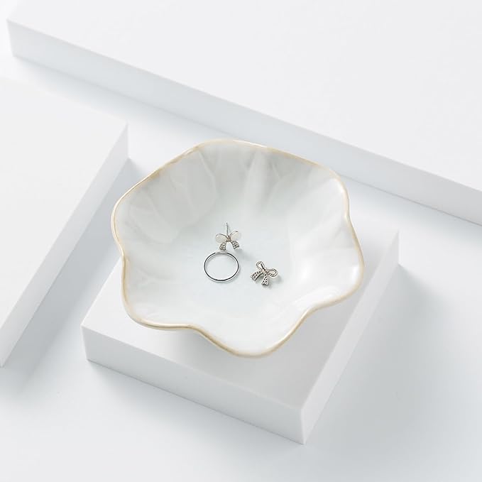 2Pcs Ceramic Jewelry Dish - Lotus Leaf Shape, for Ring Holder Necklace Small Key, Suitable for Mother Friend Sister, Gifts for Women, Cute Plate Trinket Tray, Home Decor (Blue & White)