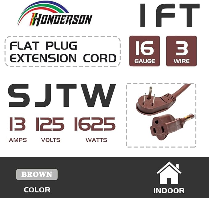 Flat Plug Indoor Extension Cord, UL Certified, 16 Gauge 1FT Brown 3 Prong Heavy Duty, 16/3 SJTW 13A Power Cord for Lights, Appliances, Home