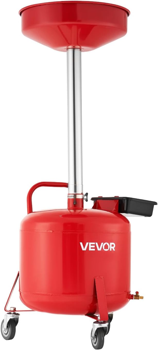 VEVOR 8 Gallon Waste Oil Drain Tank, Industrial Fluid Drain Tank with Adjustable Funnel Height, Portable Oil Drainer with Wheels & Toolbox, Fluid Fuel Transfer Drainage for Auto Repair Shops, Red