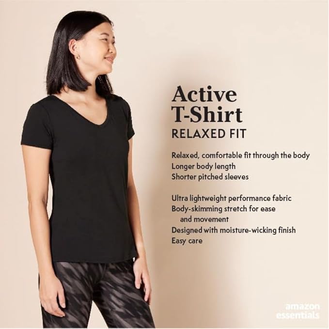 Amazon Essentials Women's Active Quick Dry Tech Stretch Short-Sleeve V-Neck T-Shirt (Available in Plus Size), Pack of 2