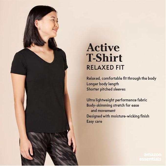 Amazon Essentials Women's Active Quick Dry Tech Stretch Short-Sleeve V-Neck T-Shirt (Available in Plus Size), Pack of 2