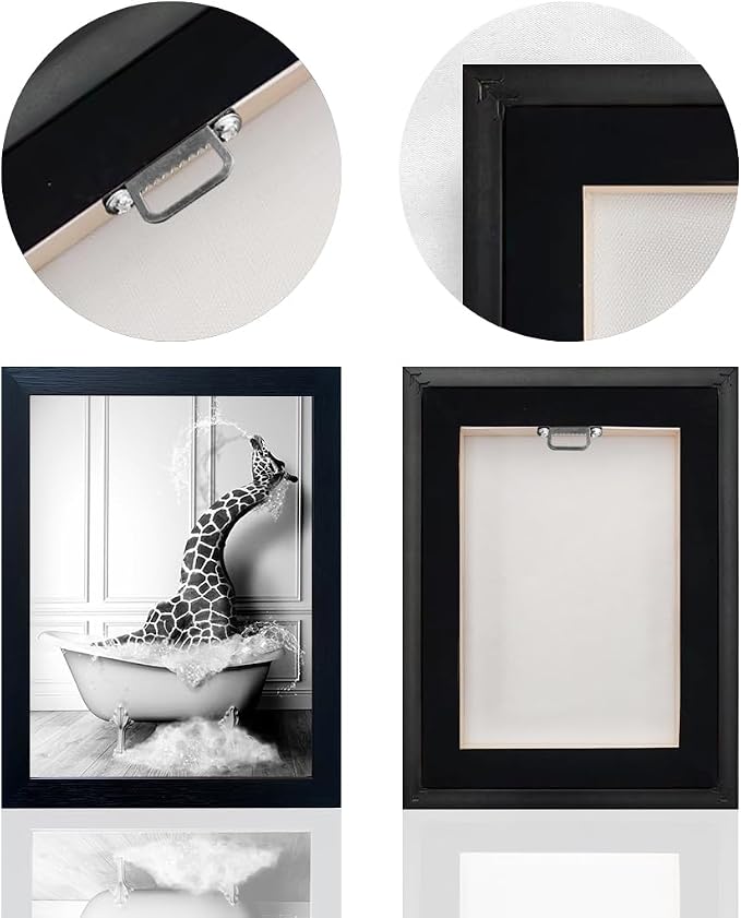 Bathroom Pictures Wall Decor Black and White Wall Art Funny Animal Canvas Print Giraffe in Bathtub Framed Farmhouse Painting Kids Bathroom Signs Decor