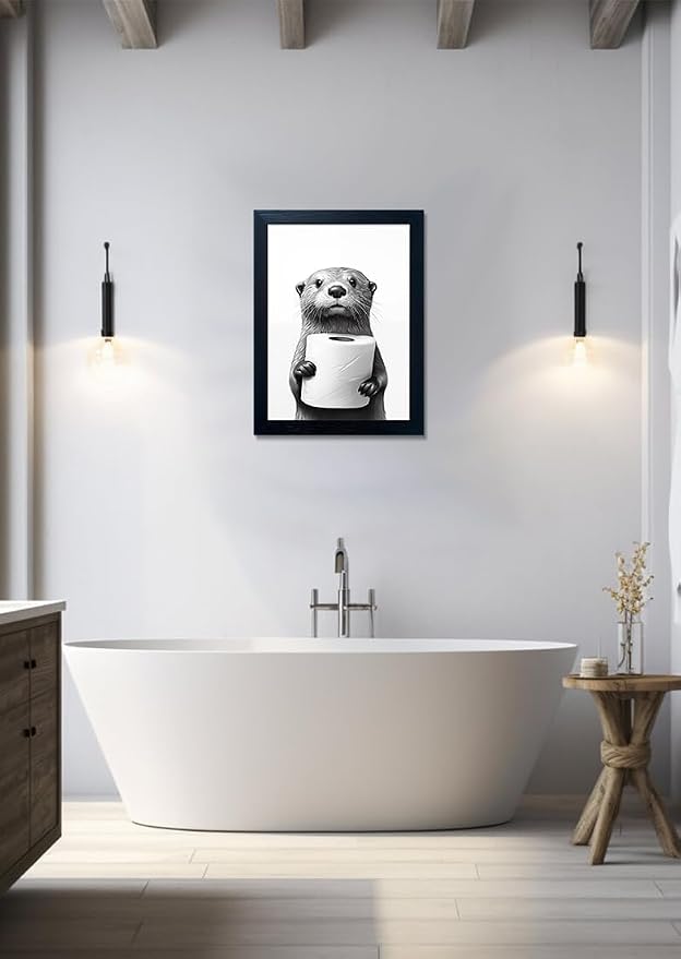 Black and White Bathroom Wall Art, Funny Bathroom Wall Decor, Toilet Paper in Raccoon's Hand Art Decor, Framed Animal Painting for Wall