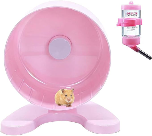 6.5" Super Silent Hamster Wheel with Stand & Water Bottle – Ultra Quiet Exercise Running Wheel for Gerbils, Syrian & Dwarf Hamsters, Chinchillas, Small Pets – Noiseless Spinning Design, Pink
