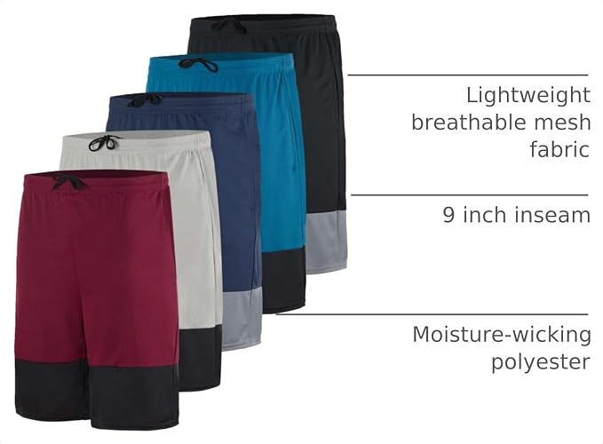 5 Pack Men's Mesh Shorts Athletic Basketball Sports Gym Workout Pockets | Cooling Moisture-Wicking, 9", Long, Quick-Dry, Breathable, Elastic Drawstring Waistband. Running, Exercise, Soccer, Training.