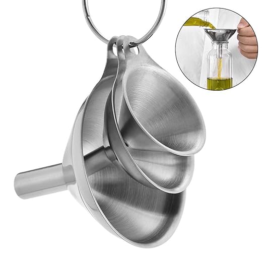 3 in 1 Metal Funnels for Filling Bottles Stainless Steel Small Kitchen Funnel Set for Transferring Essential Oils Liquid Fluid Spice Dry Ingredients Powder, Durable (‎Short-Handled Funnel)