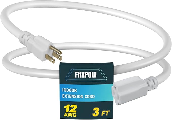 Indoor Extension Cord, 12 Gauge 3 Prong Weatherproof Heavy Duty White Extension Cords, 12/3 SJTW 15A 3 FT Extension Cable for Garage, Garden and Home
