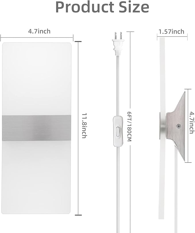 KICAAO Wall Sconces Set of Two, Modern Wall Sconce Plug in 10W 6000K Cool White Acrylic Wall Lights with 6FT/180cm Plug in Cord and On/Off Switch on The Cord