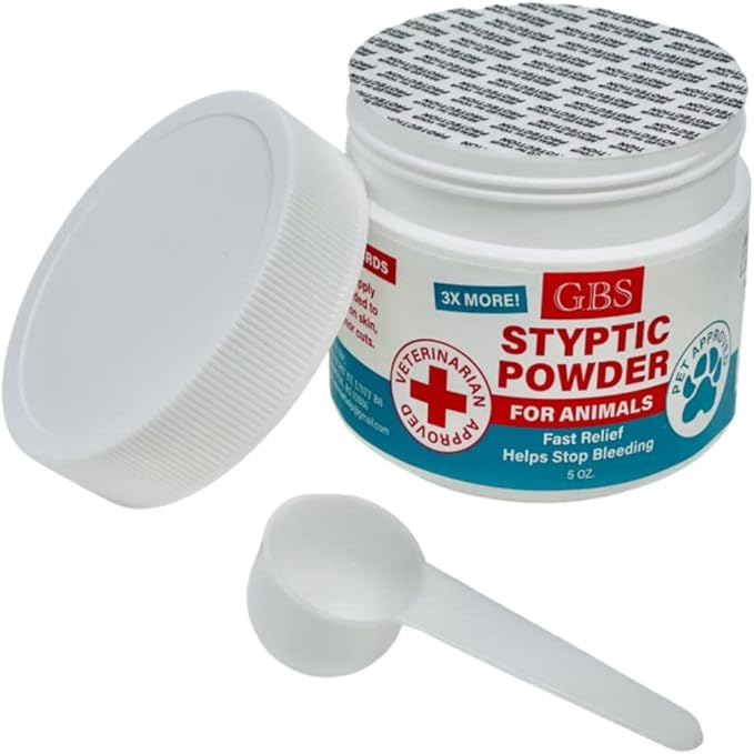 G.B.S 5 oz Styptic Powder for Dogs, Cats & Birds – Quick Blood Clotting for Nail Clipping, Minor Cuts, Tail Docking & Wing Clipping – Pet First Aid Hemostatic Powder with Sealed Top & Scoop (3)
