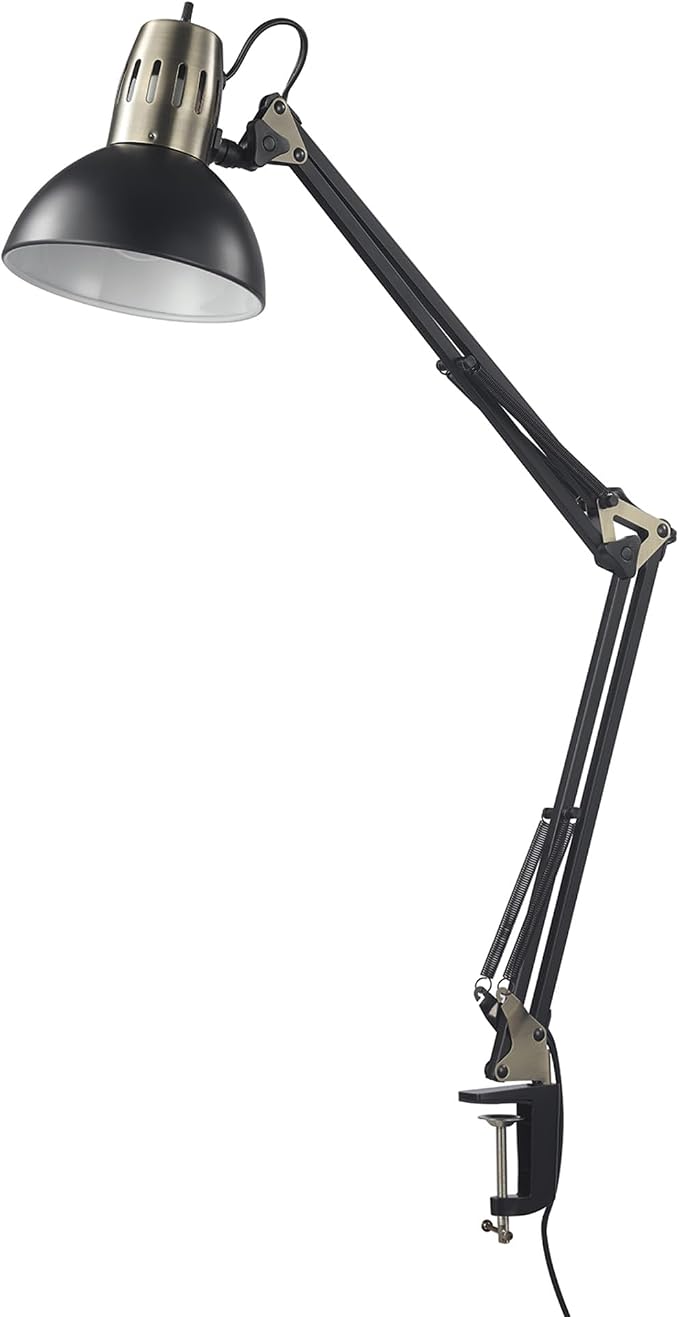 Globe Electric 62000009 32" Multi-Joint Desk Lamp with Metal Clamp, Matte Black, Antique Brass Accents, On/Off Rotary Switch on Shade, Partially Adjustable Swing Arm, Home Décor, Office Accessory
