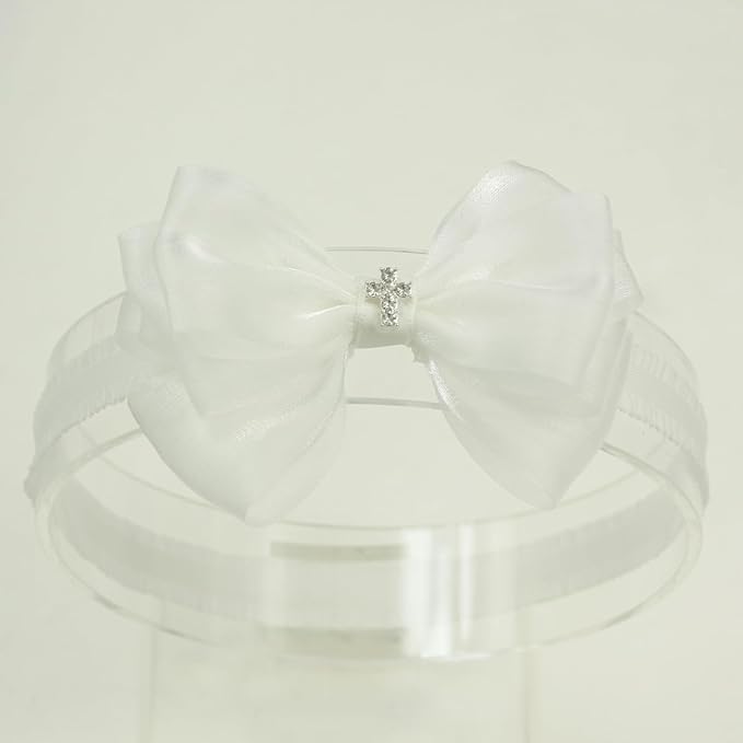 Off White Baptism Christening Pearlescent Organza Bow with Cross for Baby Girls (0-6 months,Off White headband-8)