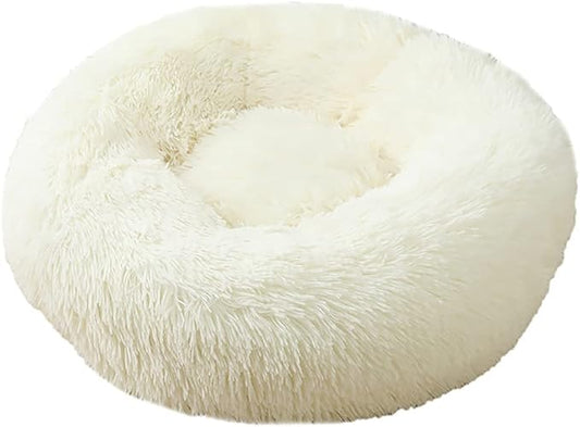 Calming Faux Fur Dog Beds Calming Donut Cuddler Dog Bed Washable Round Cat Bed Pillow Cuddler Fluffy Indoor Dog Calming Beds with Anti Slip Bottom Solid Color White 35 Inch