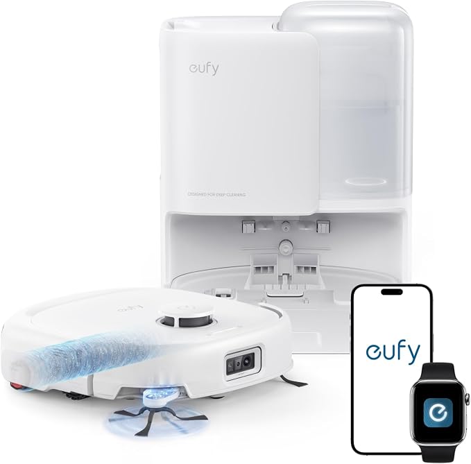 eufy E25 Robot Vacuum and Mop Combo, 20,000 Pa, HydroJet Roller Mop | Extendable Side Brush, All-in-One Station, AI Obstacle Avoidance, Zero-Tangle Design, Edge-to-Corner Cleaning, White