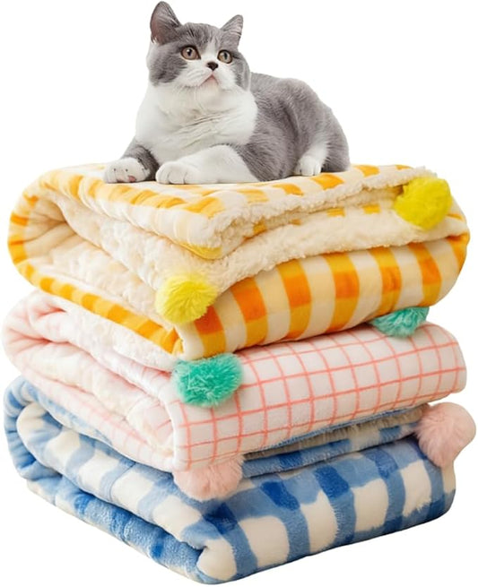 3Pcs Blankets Soft Fluffy Sherpa Fleece Pet Blanket Plaid Blanket for Dog Puppy Cat (Plaid-3pcs, Small)