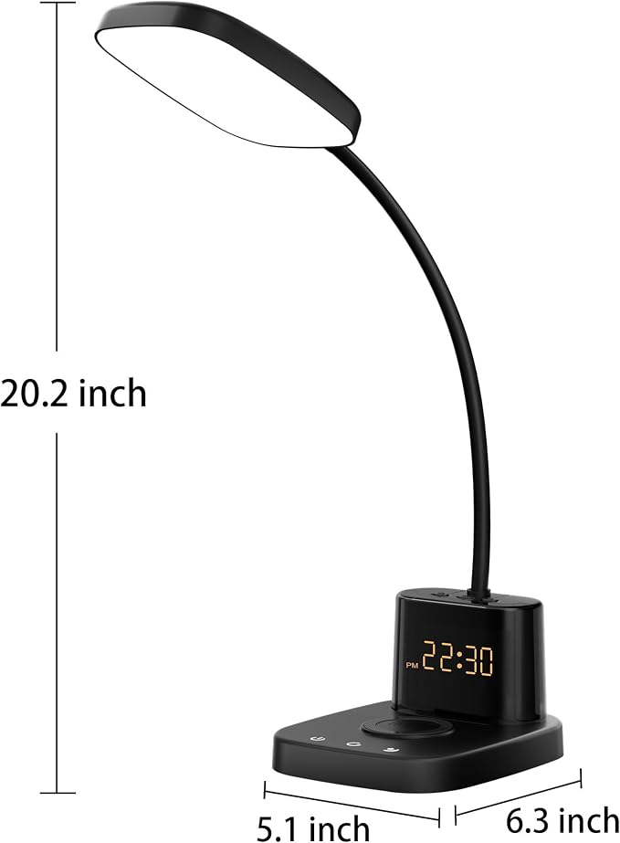 10W Wireless Charging LED Desk Lamp with Clock, Light Black | CRI 95, 800LM, Stepless Dimming, 3 Modes, 360°Flexible Arm, Touch, Study Table Lamp for Home Office, Dorm Room, with Adapter