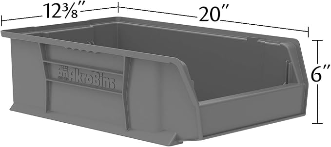Akro-Mils 30280 Super-Size AkroBins Plastic Storage Bins, Space-Saving Stackable Bins for Garage, Classroom, Warehouse Organization, 20" L x 12" W x 6" H, Grey, 4-Pack