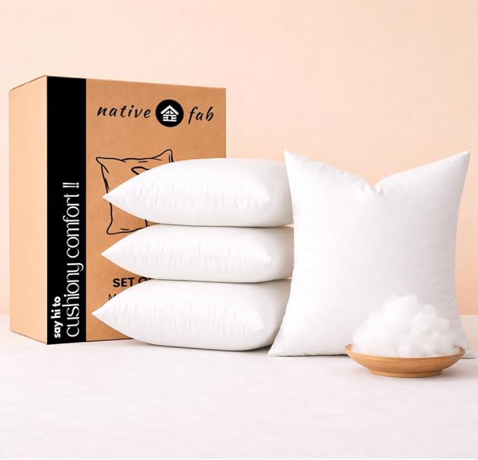 Native Fab Square Pillow Inserts, Pack of 4, 16x16 Inches, White Polyester, Fluffy Decorative Throw Cushions for Sofa, Bedroom, Lounge, Chair, Soft Support & Elegant Home Décor Accent