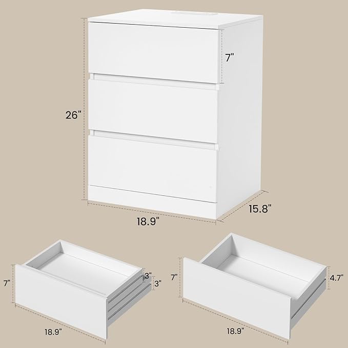 Nightstand, 4 Drawers, 26" H with Hidden Drawer, Bedside Table with Charging Station, Modern Night Stand for Bedroom, White