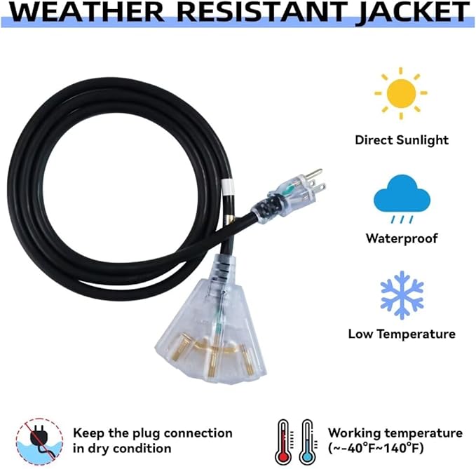 6 Ft Lighted Outdoor Extension Cord with 3 Electrical Power Outlets - 12/3 SJTW Heavy Duty Black Extension Cable with 3 Prong Grounded Plug for Safety, UL Listed
