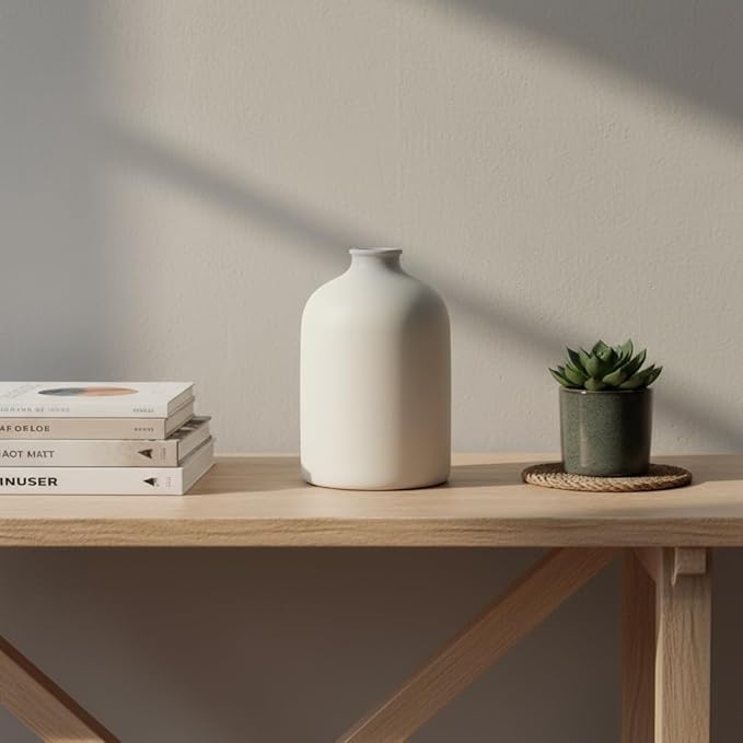 Carrot's Den White Ceramic Vase, Matte Textured Entryway Table Decor | Textured matte finish, 7 in tall. Holds olive branches, eucalyptus, or dried greenery on a coffee table or shelf.