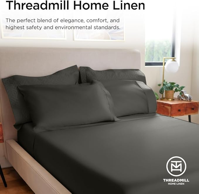 Threadmill Luxury 800 Thread Count Full Size 100% Cotton Sheets - Dark Grey Sateen Weave Bed-Sheets, Better Than Egyptian Cotton, 4 Pc Solid Bedding Set, Fits 16" Deep Pocket