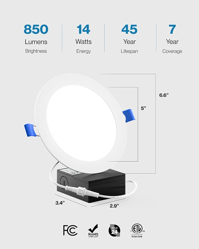 Sunco 96 Pack 6 Inch Ultra Thin LED Recessed Ceiling Lights, Slim Canless with Junction Box, 850 LM, 5000K Daylight, Dimmable, 14W=100W, Wafer Thin, 50000 Lifetime Hours ETL.