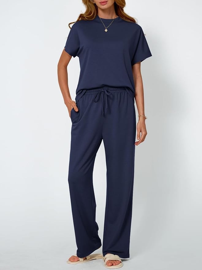 AUTOMET Women's 2 Piece Matching Lounge Sets 2026 Summer Mock Neck Sweatsuits Short Sleeve Loungewear Travel Outfits